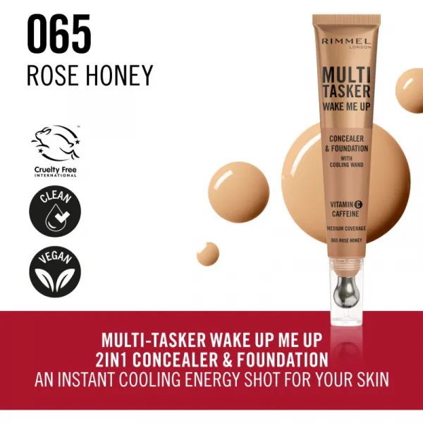 Rimmel Multi-Tasker Wake Me Up make-up a korektor pre rozjasnenie pleti odtieň 65 Rose Honey 20 ml