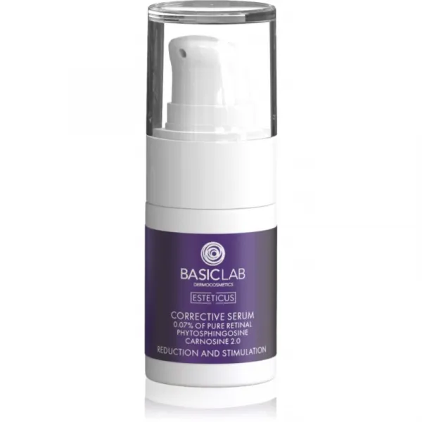 BasicLab Dermocosmetics Esteticus vyhladzujúce sérum pre zjednotenie farebného tónu pleti 0.07% Pure Retinal 15 ml