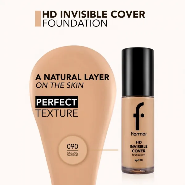 flormar HD Invisible Cover Foundation ľahký make-up s rozjasňujúcim účinkom SPF 30 odtieň 090 Golden Natural 30 ml