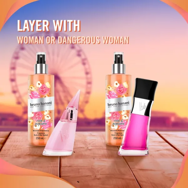 Bruno Banani Sweet Fantasy Rose & Popcorn parfémovaný telový sprej na telo a vlasy pre ženy 250 ml