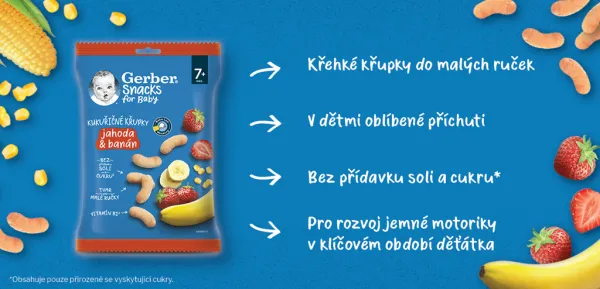 GERBER Snacks kukuričné chrumky jahoda a banán 28 g, 7+