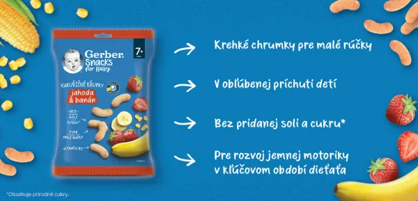 GERBER Snacks kukuričné chrumky jahoda a banán 28 g, 7+