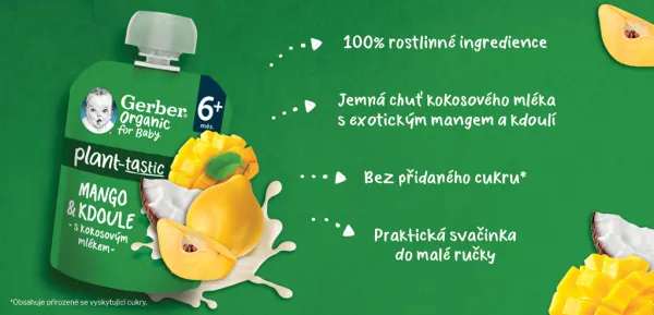 GERBER Kapsička organic ovocná mango a dula s kokosovým mliekom 80 g, 6+