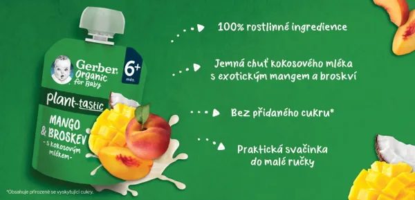 GERBER Kapsička organic ovocná mango a broskyňa s kokosovým mliekom 80 g, 6+