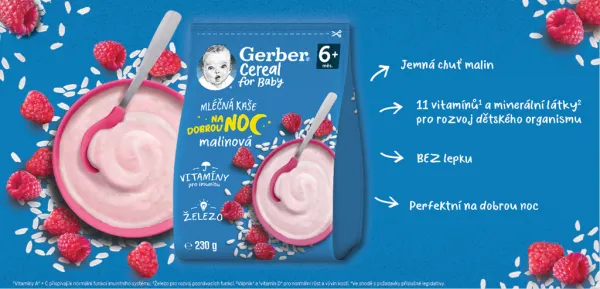 GERBER Kaša mliečna cereal malinová Dobrú noc 230 g