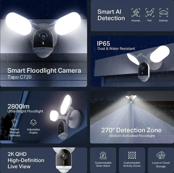 TP-Link Tapo C720 venkovní kamera s reflektory (4MP, 2K QHD, 1440p, IR 30m, WiFi, microSDcard, IP65)
