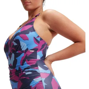 Speedo SHAPING PRITNED V NECK 1 PIECE Dámske jednodielne plavky, tmavo modrá, veľkosť
