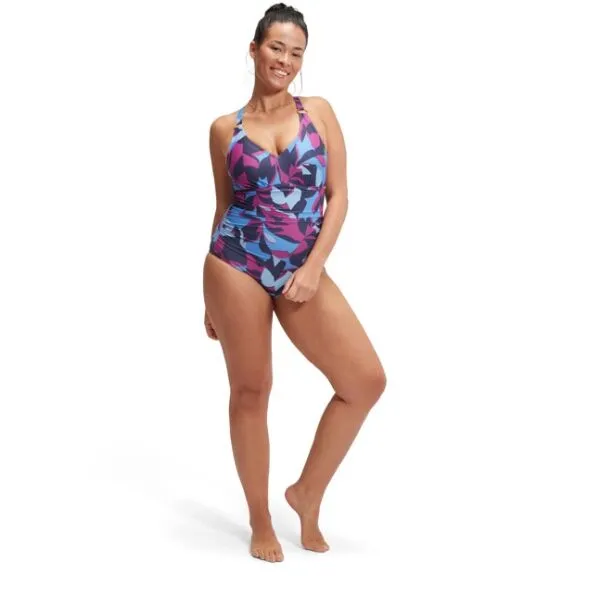 Speedo SHAPING PRITNED V NECK 1 PIECE Dámske jednodielne plavky, tmavo modrá, veľkosť