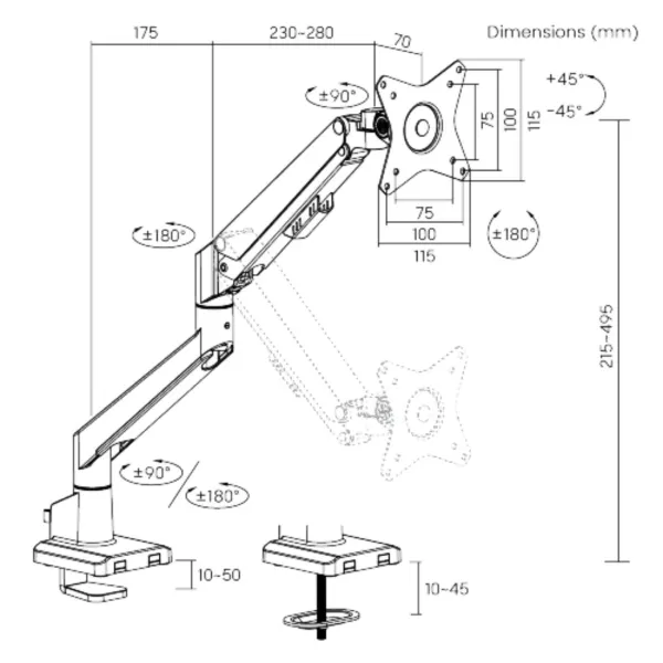 PALA Držiak monitora Brateck LDT60-C012, 1 rameno mechanická pružina Heavy Duty_