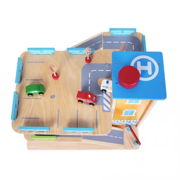 ECOTOYS Drevená dráha s garážou a autíčkami Eco Toys