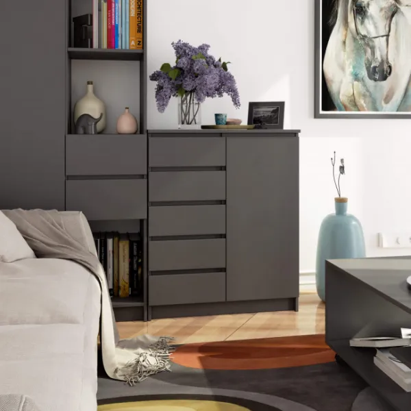 Ak furniture Komoda JERRY 80 cm 1 dveře 5 zásuvek antracitově šedá