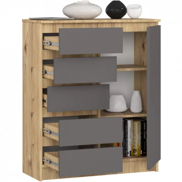 Ak furniture Komoda JERRY 80 cm 1 dveře 5 zásuvek dub artisan/antracitově šedá
