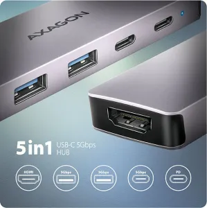 AXAGON HMC-5H60, USB 5Gbps hub, porty 2x USB-A, 1x USB-C, HDMI 4k/60, PD 100W, kábel USB-C 15cm