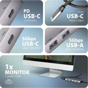 AXAGON HMC-5H60, USB 5Gbps hub, porty 2x USB-A, 1x USB-C, HDMI 4k/60, PD 100W, kábel USB-C 15cm