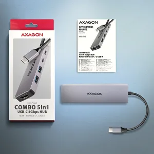 AXAGON HMC-5H60, USB 5Gbps hub, porty 2x USB-A, 1x USB-C, HDMI 4k/60, PD 100W, kábel USB-C 15cm