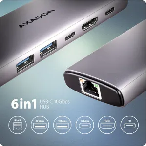 AXAGON HMC-6G2L, USB 10Gb/s hub, 2x USB-A, 1x USB-C, HDMI 4k/60, RJ-45, PD 100W, kábel USB-C 15cm