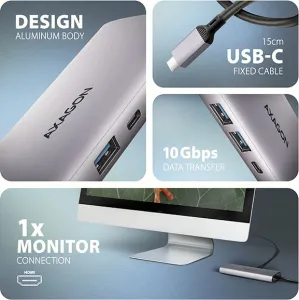 AXAGON HMC-6G2L, USB 10Gb/s hub, 2x USB-A, 1x USB-C, HDMI 4k/60, RJ-45, PD 100W, kábel USB-C 15cm