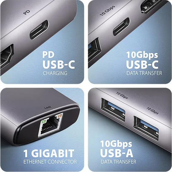AXAGON HMC-6G2L, USB 10Gb/s hub, 2x USB-A, 1x USB-C, HDMI 4k/60, RJ-45, PD 100W, kábel USB-C 15cm