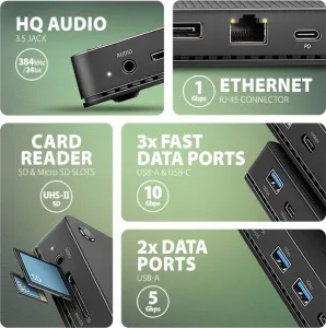AXAGON HMC-U4, USB4 40Gbps dock, 3x USB-A, 2x USB-C, HDMI a DP 8K/30Hz, RJ-45, SD/mSD, audio, PD 100W, kábel USB-C 80cm