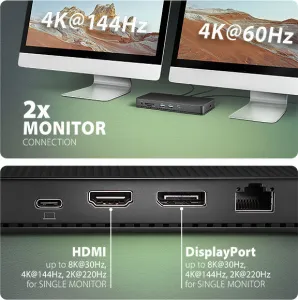 AXAGON HMC-U4, USB4 40Gbps dock, 3x USB-A, 2x USB-C, HDMI a DP 8K/30Hz, RJ-45, SD/mSD, audio, PD 100W, kábel USB-C 80cm