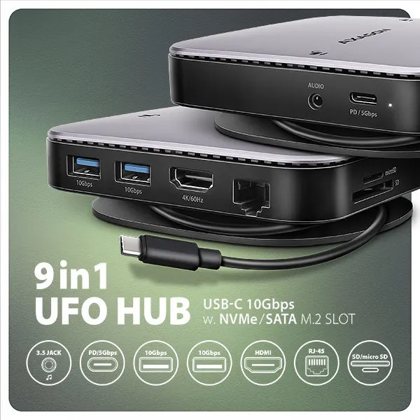 AXAGON HMC-UFO, USB 10Gbps hub, 2x USB-A, USB-C, HDMI 4k/60, RJ-45, M.2 slot, SD/mSD, audio, PD 100W, kábel USB-C 65cm