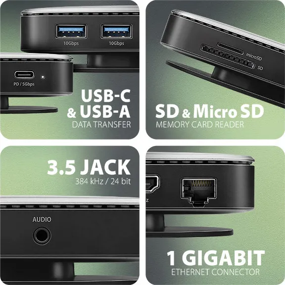 AXAGON HMC-UFO, USB 10Gbps hub, 2x USB-A, USB-C, HDMI 4k/60, RJ-45, M.2 slot, SD/mSD, audio, PD 100W, kábel USB-C 65cm