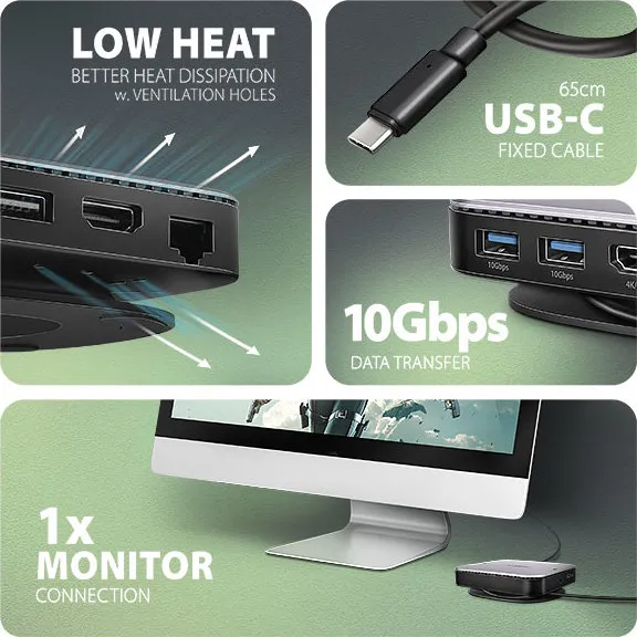 AXAGON HMC-UFO, USB 10Gbps hub, 2x USB-A, USB-C, HDMI 4k/60, RJ-45, M.2 slot, SD/mSD, audio, PD 100W, kábel USB-C 65cm