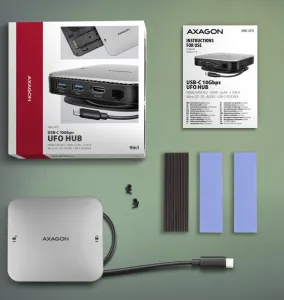 AXAGON HMC-UFO, USB 10Gbps hub, 2x USB-A, USB-C, HDMI 4k/60, RJ-45, M.2 slot, SD/mSD, audio, PD 100W, kábel USB-C 65cm