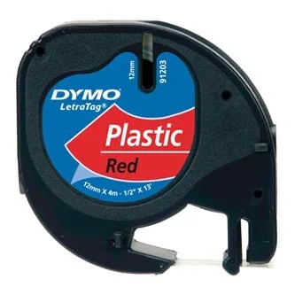 Dymo originál páska do tlačiarne štítkov, Dymo, 91203, S0721630, čierny tlač/červený podklad, 4m, 12mm, LetraTag plastová páska S0721630