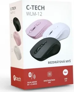 Myš C-TECH WLM-12 Dual mode, bezdrátová, BT5.0 + 2,4GHz, 1600DPI, 6 tlačítek, USB nano receiver, růžová