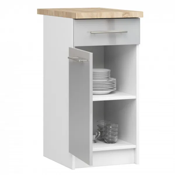 Ak furniture Kuchyňská skříňka Olivie S 40 cm 1D 1S bílá/metalický lesk/dub sonoma