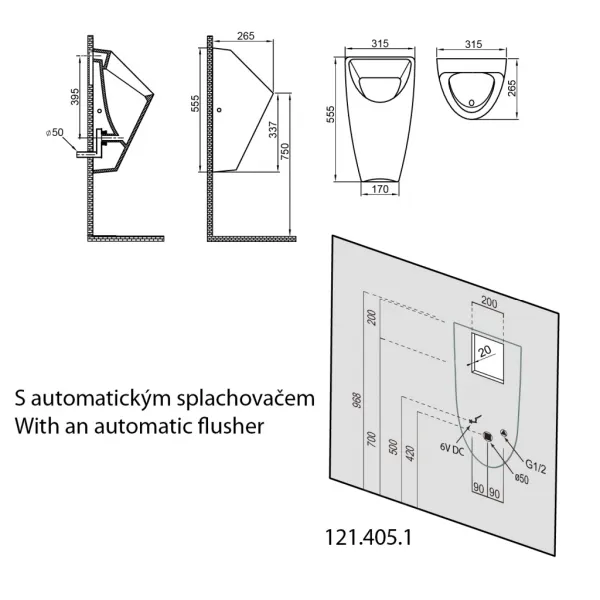 SAPHO - SCHWARN keramický urinál, zadný prívod, zadný odpad, biela 201.701.4