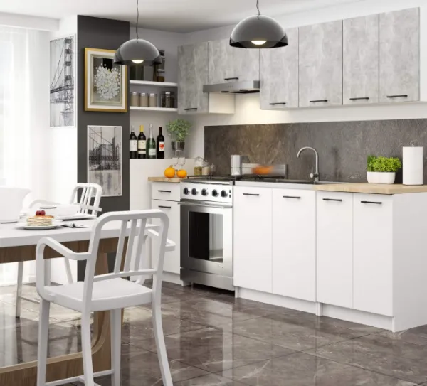 Ak furniture Kuchyňská linka Olivie 2,4 m beton/bílá/dub sonoma