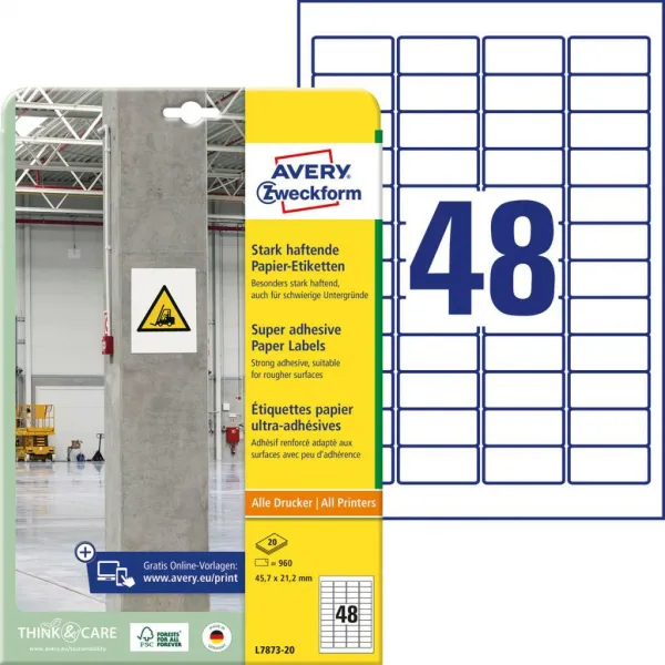 Avery Zweckform Etikety univerzálne 45,7x21,2mm Avery A4, silne lepivé 20 hárkov
