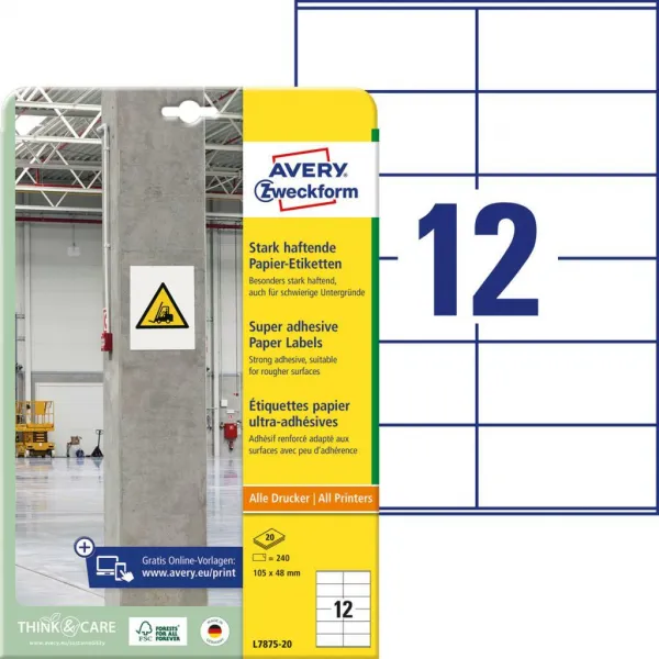 Avery Zweckform Etikety univerzálne 105x48mm Avery A4, silne lepivé 20 hárkov