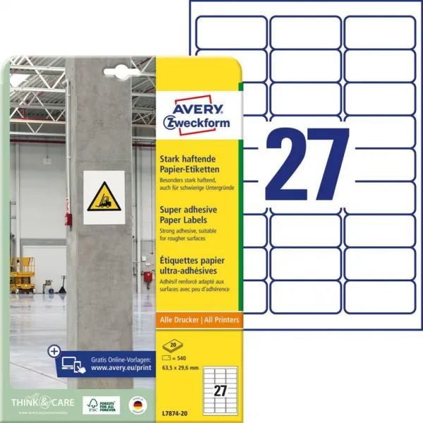Avery Zweckform Etikety univerzálne 63,5x29,6mm Avery A4, silne lepivé 20 hárkov