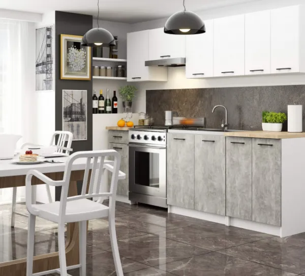 Ak furniture Kuchynská linka Olivie 2,4 m biela/betón/dub sonoma