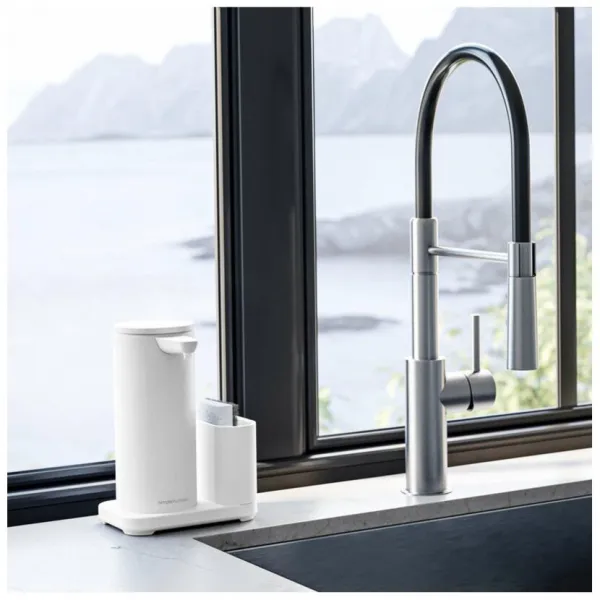 Simplehuman 414 ml + držiak výlevky - biela oceľ - Bezdotykový dávkovač mydla