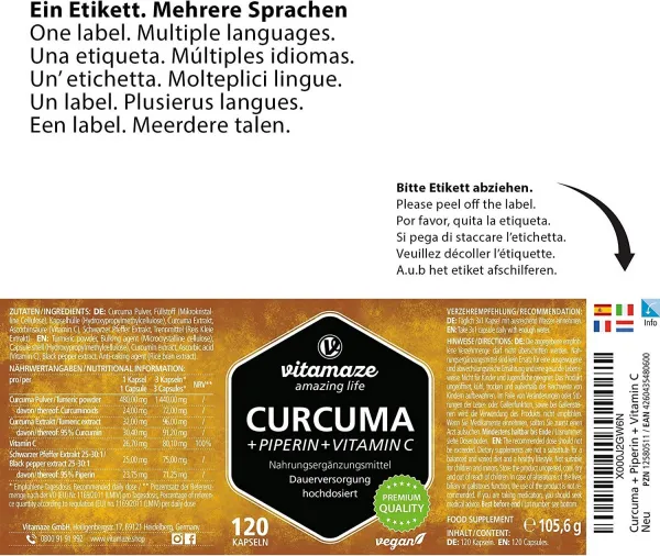 Kurkuma vo vysokej dávke + piperín + vitamín C, 120 vegánskych kapsúl