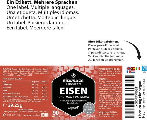 Železo 20 mg + histidín + vitamíny, 90 vegánskych kapsúl
