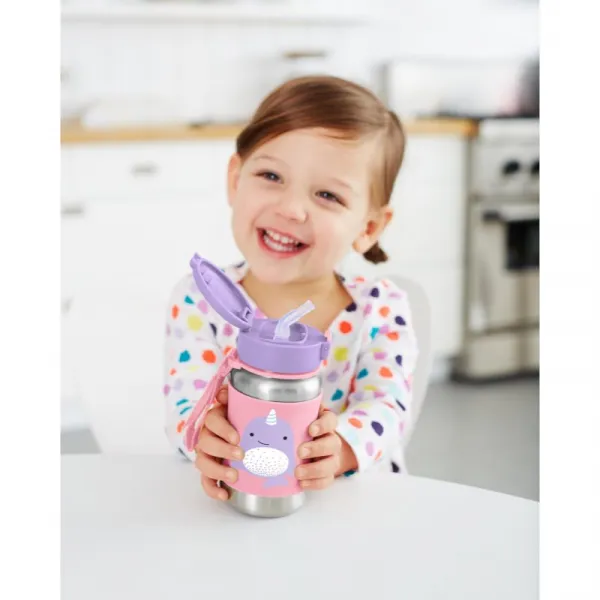 Skip Hop Zoo Straw Bottle fľaša na vodu z nehrdzavejúcej ocele s rúrkou Narval 12 m+ 350 ml