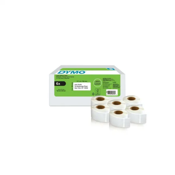 Dymo papierové štítky 54mm x 25mm, biele, pre spiatočnú adresu, 6 x 500 ks, 2177564 2177564