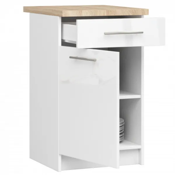 Ak furniture Kuchynská skrinka Olivie S 50 cm 1D 1S biela/biely lesk/dub sonoma