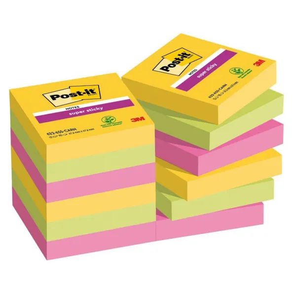Samolepiaci bloček Post-it Super Sticky CARNIVAL, veľkosť 47,6 x 47,6 mm, 12 bločkov po 90 lístkov
