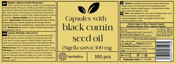 Olej zo semien čiernej rasce (Nigella sativa) v kapsulách /300 mg - 100 kapsúl - Herbatica