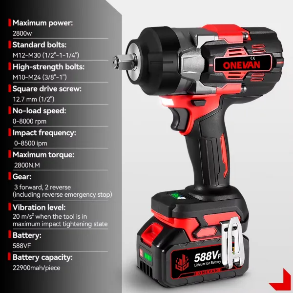 ONEVAN 2800N.M 2800W bezuhlíkový elektrický rázový uťahovák 1/2" palcový vhodný pre batériu Makita 18V + 10 ks gola sada v cene, kufor červeno čierna farba