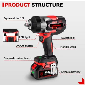 ONEVAN 2800N.M 2800W bezuhlíkový elektrický rázový uťahovák 1/2" palcový vhodný pre batériu Makita 18V + 10 ks gola sada v cene, kufor červeno čierna farba