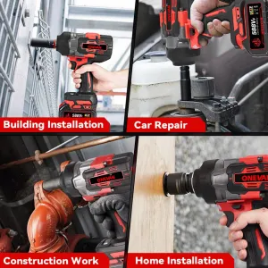 ONEVAN 2800N.M 2800W bezuhlíkový elektrický rázový uťahovák 1/2" palcový vhodný pre batériu Makita 18V + 10 ks gola sada v cene, kufor červeno čierna farba