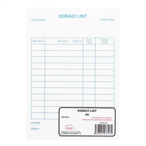 Igaz Dodací list A6 s DPH samoprepis