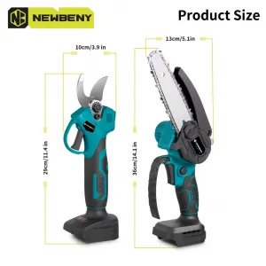 OneVAn / Newbeny Bezuhlíkové elektrické záhradné nožnice strih 30 mm / Bezuhlíková 6 palcová píla AKU záhradné náradie na obrábanie dreva pre 18V batériu Makita + 6"reťaz zadarmo